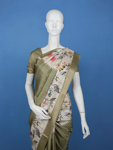 Muted Olive Green Solid Design Tussar Silk Saree - Diadem