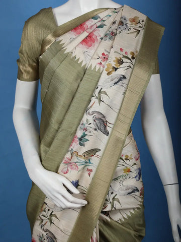 Muted Olive Green Solid Design Tussar Silk Saree - Diadem