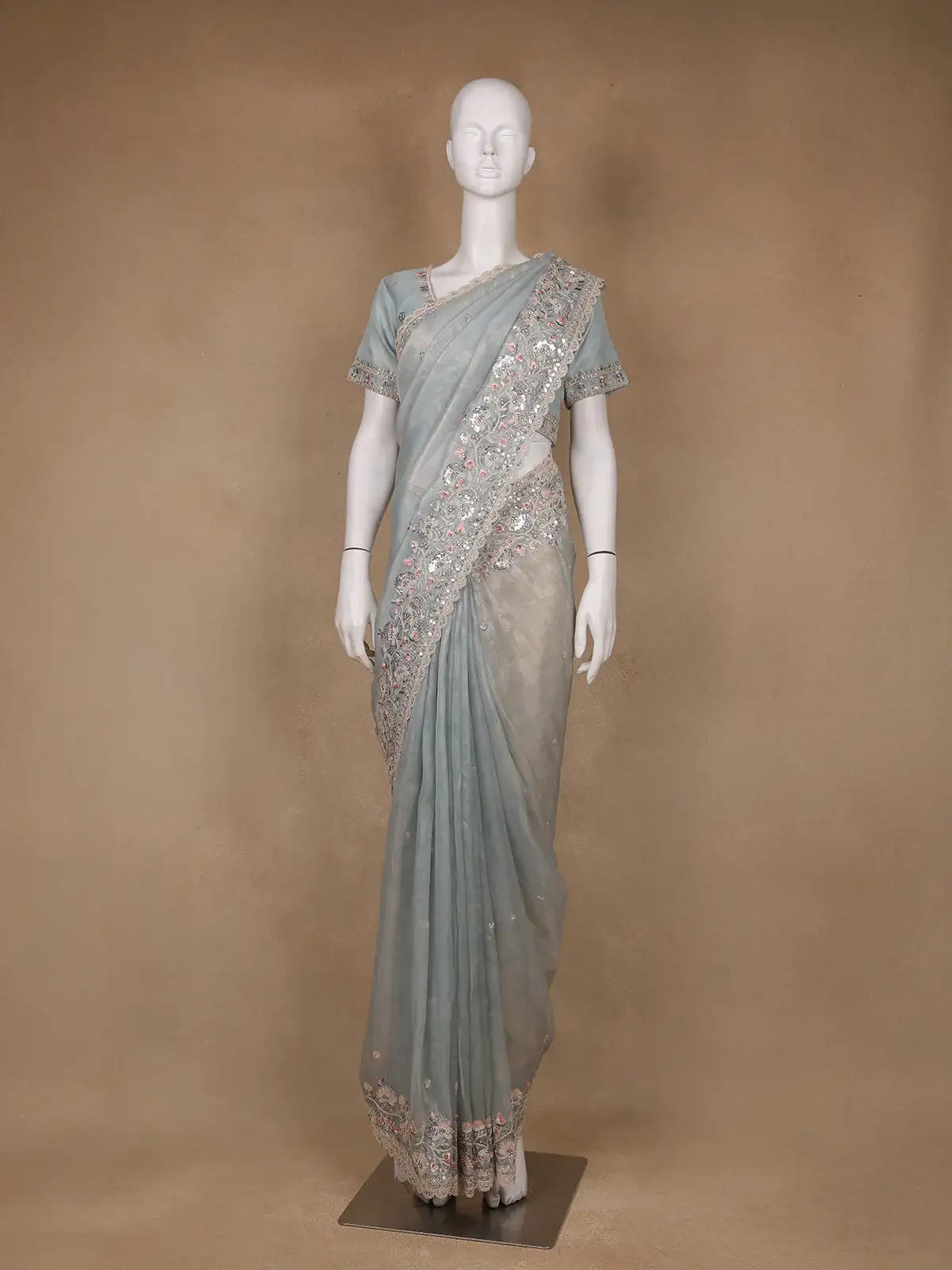 Muted Sage Green Floral Sequin Embroidered Organza Designer Saree - Diadem