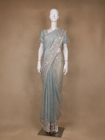 Muted Sage Green Floral Sequin Embroidered Organza Designer Saree - Diadem