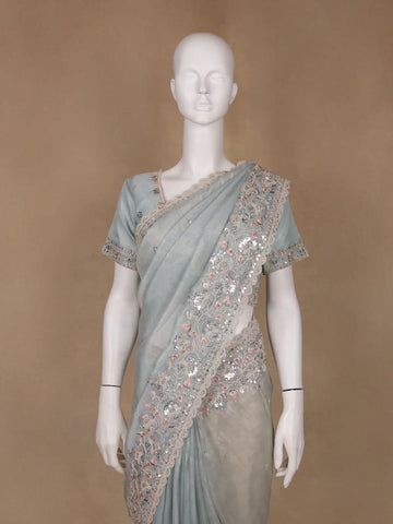 Muted Sage Green Floral Sequin Embroidered Organza Designer Saree - Diadem