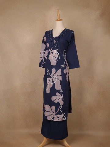 Navy Blue Abstract Printed Cotton Salwar Suit - Diadem