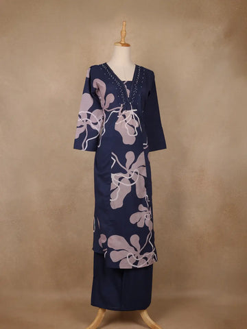 Navy Blue Abstract Printed Cotton Salwar Suit - Diadem