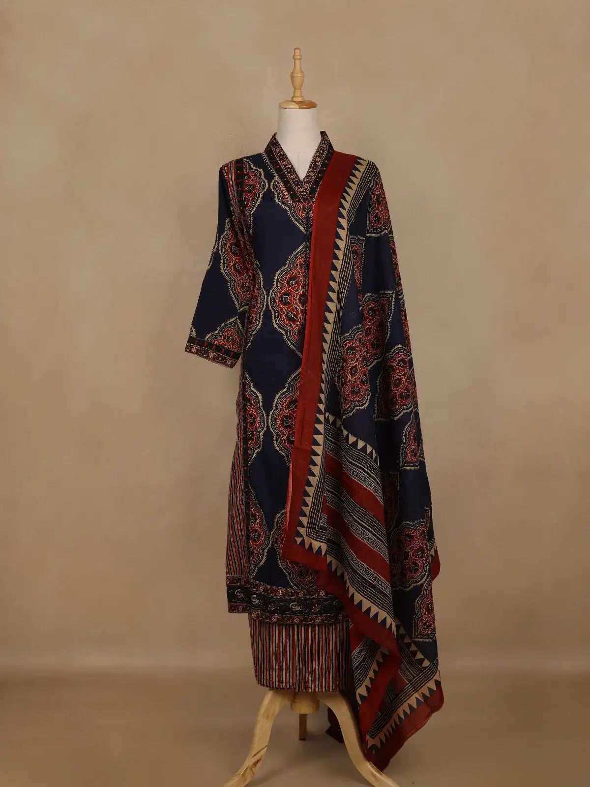 Navy Blue Ajrakh Printed Cotton Salwar Suit With Dupatta - Diadem