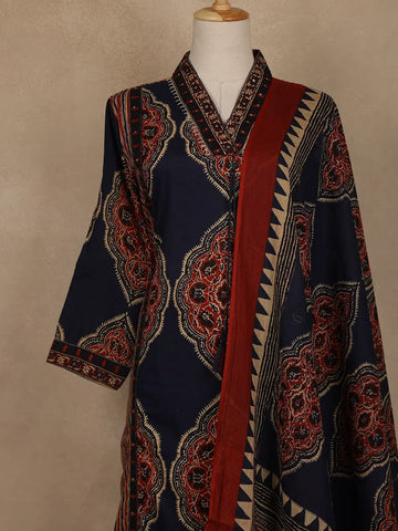 Navy Blue Ajrakh Printed Cotton Salwar Suit With Dupatta - Diadem