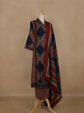 Navy Blue Ajrakh Printed Cotton Salwar Suit With Dupatta - Diadem