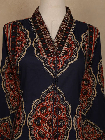 Navy Blue Ajrakh Printed Cotton Salwar Suit With Dupatta - Diadem