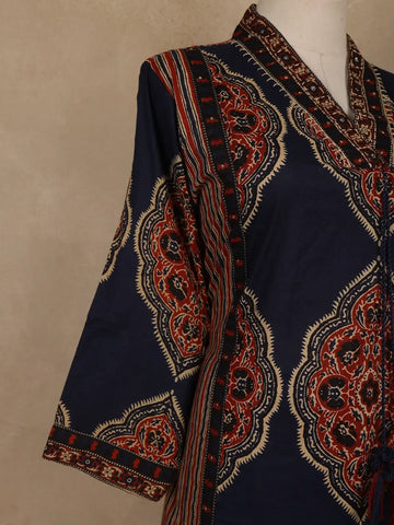 Navy Blue Ajrakh Printed Cotton Salwar Suit With Dupatta - Diadem
