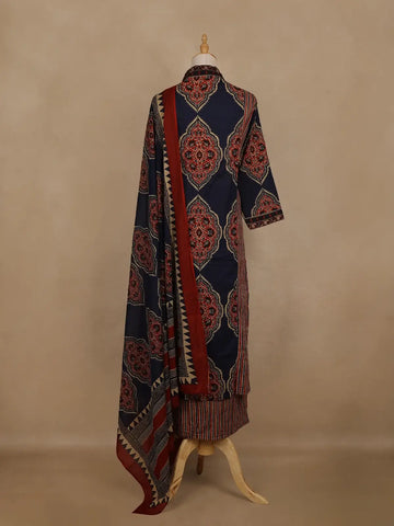Navy Blue Ajrakh Printed Cotton Salwar Suit With Dupatta - Diadem
