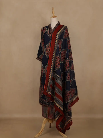 Navy Blue Ajrakh Printed Cotton Salwar Suit With Dupatta - Diadem