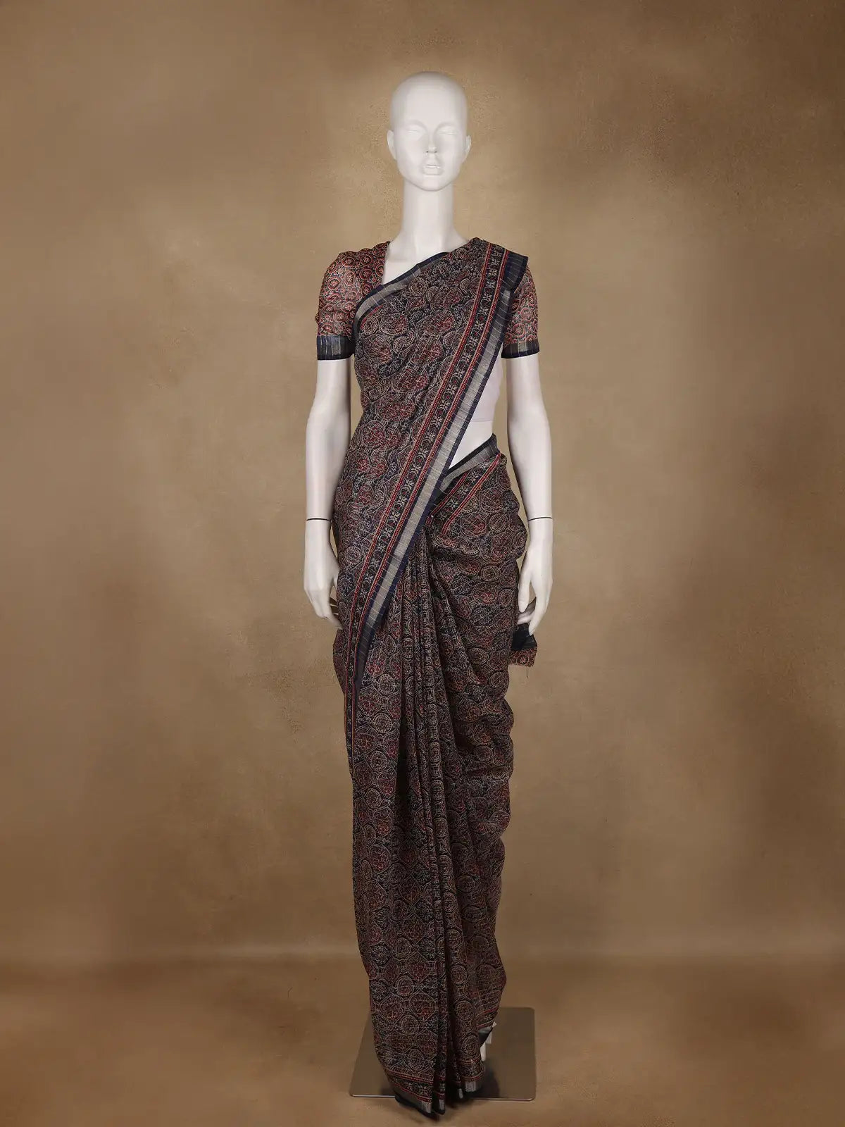 Navy Blue Ajrakh Floral And Geometric Printed Cotton Saree - Diadem