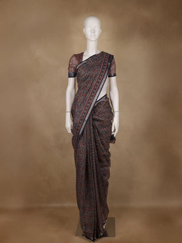 Navy Blue Ajrakh Floral And Geometric Printed Cotton Saree - Diadem