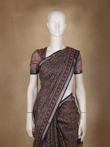 Navy Blue Ajrakh Floral And Geometric Printed Cotton Saree - Diadem