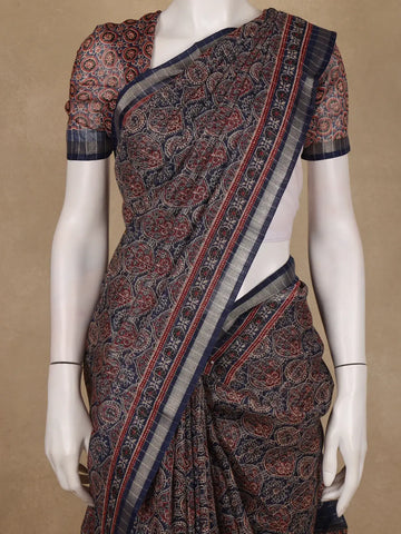 Navy Blue Ajrakh Floral And Geometric Printed Cotton Saree - Diadem