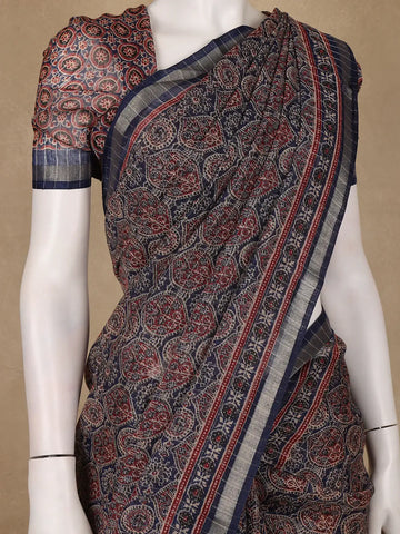 Navy Blue Ajrakh Floral And Geometric Printed Cotton Saree - Diadem