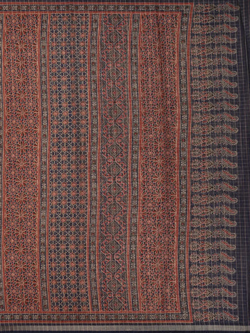 Navy Blue Ajrakh Floral And Geometric Printed Cotton Saree - Diadem