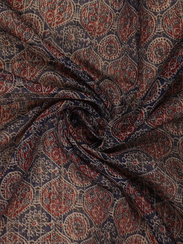 Navy Blue Ajrakh Floral And Geometric Printed Cotton Saree - Diadem