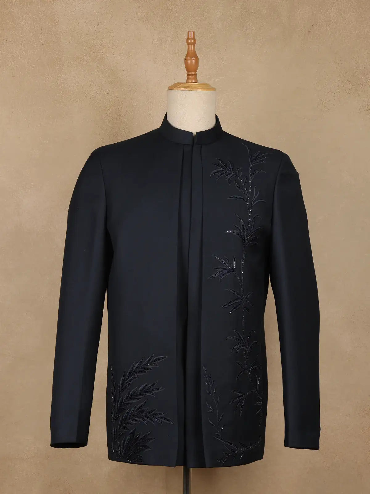 Navy Blue Botanical Embroidered Viscose Men's Suit - Diadem