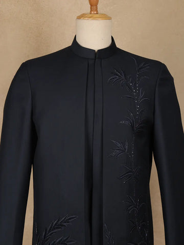 Navy Blue Botanical Embroidered Viscose Men's Suit - Diadem
