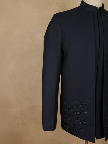 Navy Blue Botanical Embroidered Viscose Men's Suit - Diadem