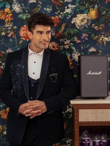 Navy Blue Embellished Viscose Men's Suit - Diadem