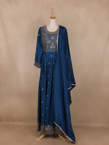 Navy Blue Embroidered Design Semi Silk Gown - Diadem