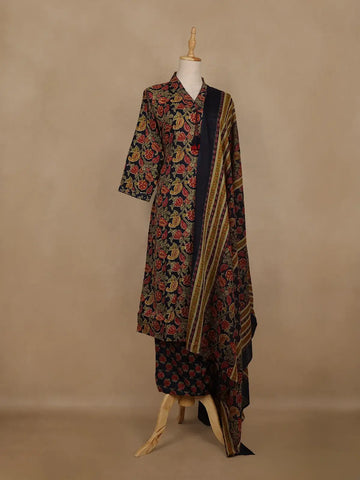 Navy Blue Floral And Paisley Printed Cotton Salwar Suit With Dupatta - Diadem
