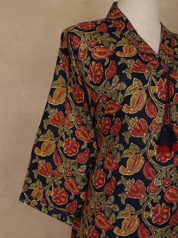 Navy Blue Floral And Paisley Printed Cotton Salwar Suit With Dupatta - Diadem