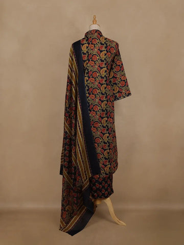 Navy Blue Floral And Paisley Printed Cotton Salwar Suit With Dupatta - Diadem