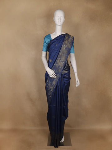 Navy Blue Floral Designed Semi Tussar Saree - Diadem