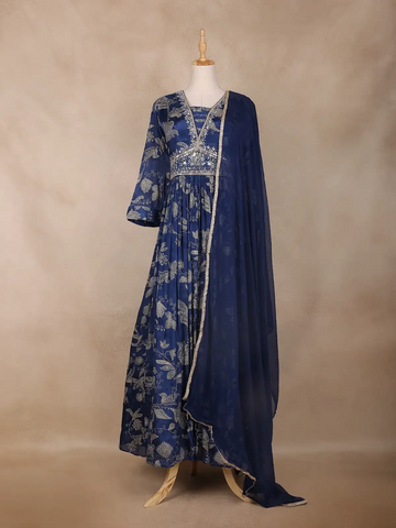 Navy Blue Floral Design Georgette Gown - Diadem