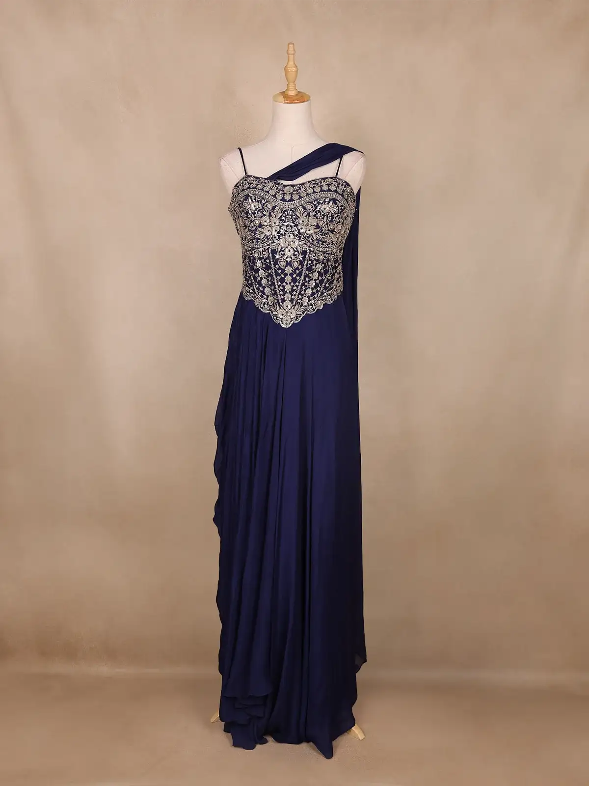 Navy Blue Floral Design Georgette Gown - Diadem