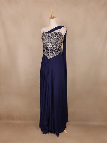 Navy Blue Floral Design Georgette Gown - Diadem