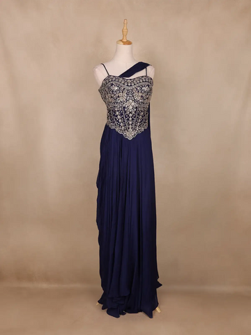 Navy Blue Floral Design Georgette Gown - Diadem