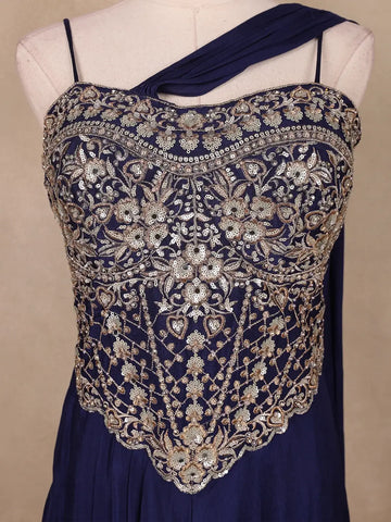 Navy Blue Floral Design Georgette Gown - Diadem