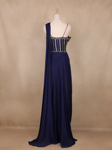 Navy Blue Floral Design Georgette Gown - Diadem