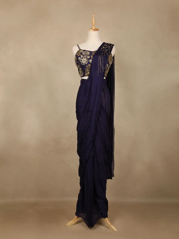 Navy Blue Floral Design Georgette Ready To Wear Saree with Designer Blouse - Diadem