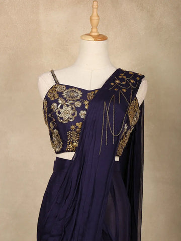 Navy Blue Floral Design Georgette Ready To Wear Saree with Designer Blouse - Diadem