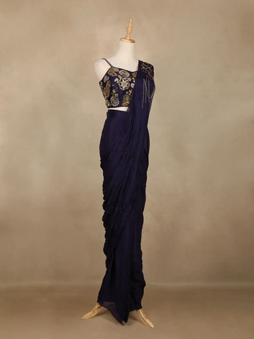 Navy Blue Floral Design Georgette Ready To Wear Saree with Designer Blouse - Diadem