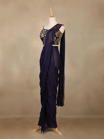 Navy Blue Floral Design Georgette Ready To Wear Saree with Designer Blouse - Diadem