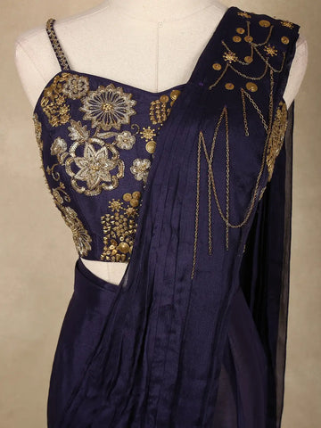 Navy Blue Floral Design Georgette Ready To Wear Saree with Designer Blouse - Diadem
