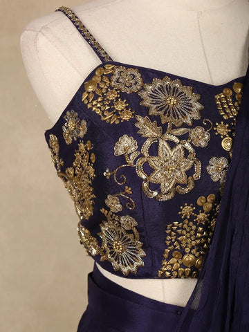 Navy Blue Floral Design Georgette Ready To Wear Saree with Designer Blouse - Diadem