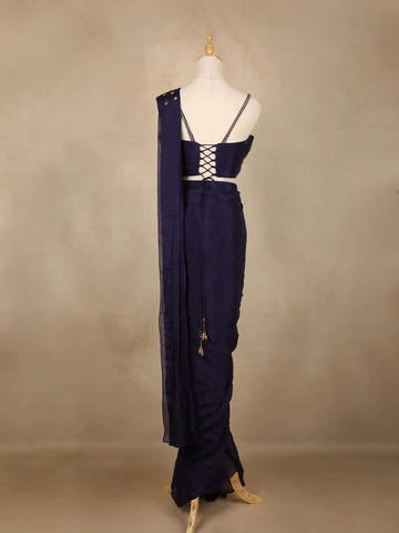 Navy Blue Floral Design Georgette Ready To Wear Saree with Designer Blouse - Diadem