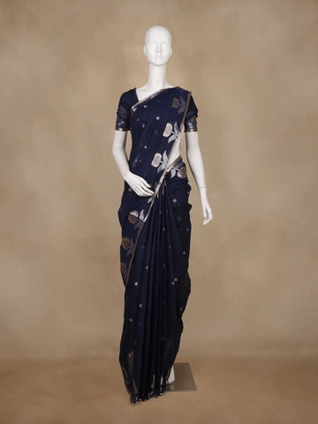 Navy Blue Floral Design Kota Cotton Saree With Silver Border - Diadem