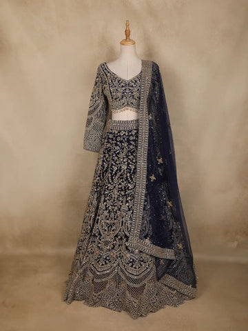 Navy Blue Floral Design Heavy Embroidered Net Lehenga - Diadem