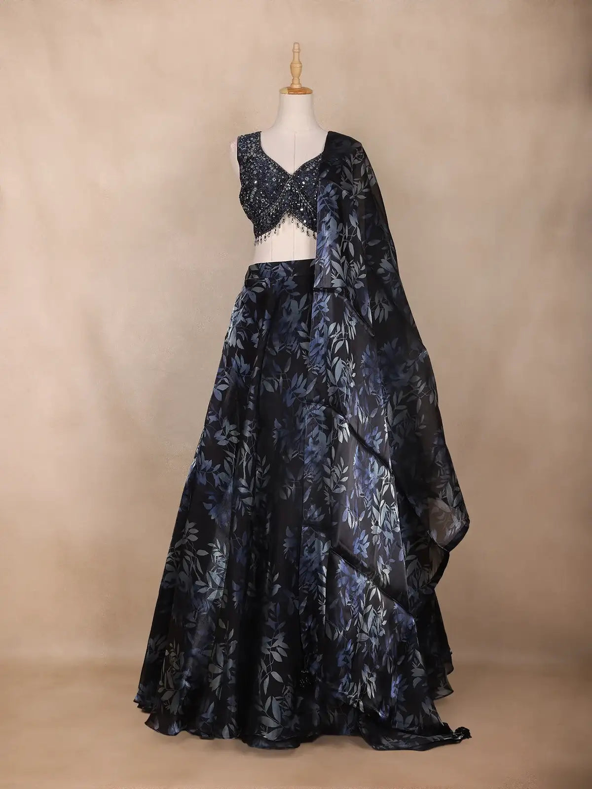 Navy Blue Floral Design Organza Lehenga - Diadem