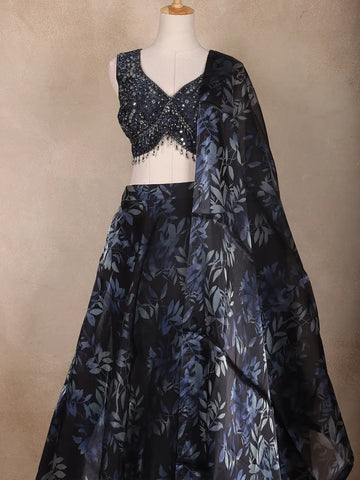 Navy Blue Floral Design Organza Lehenga - Diadem