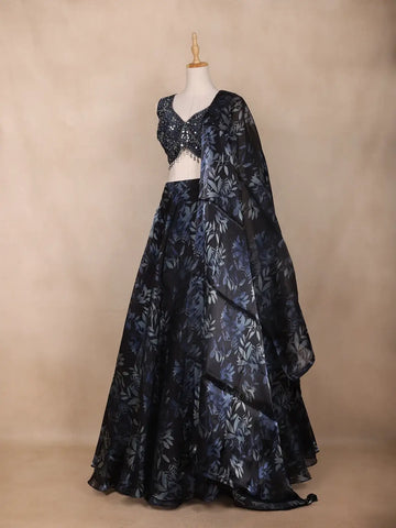 Navy Blue Floral Design Organza Lehenga - Diadem