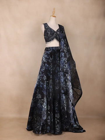 Navy Blue Floral Design Organza Lehenga - Diadem