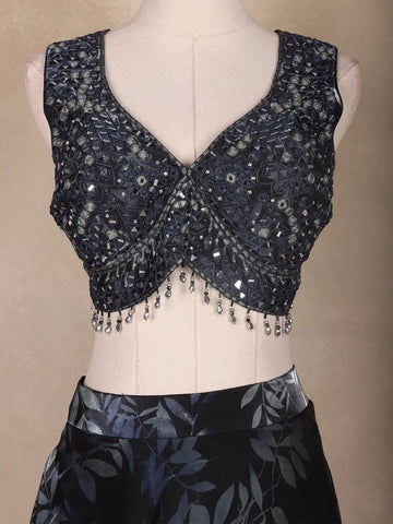 Navy Blue Floral Design Organza Lehenga - Diadem